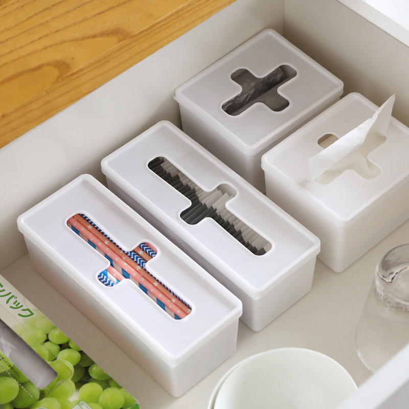 凤全十字口桌面收纳盒塑料袋纸巾储物盒办公室口罩手套抽屉整理盒