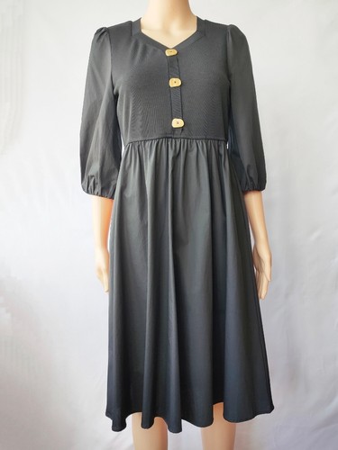 灯笼袖针织连衣裙时尚遮肉高腰V领春秋中长小黑裙LC230026