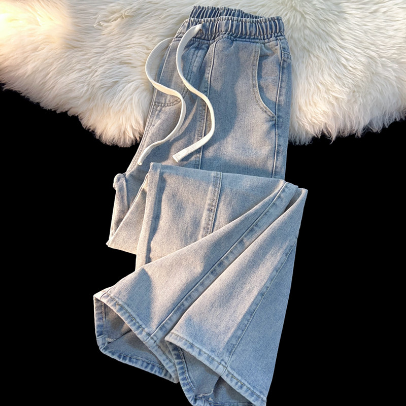 jew4room美式纯色松紧束腰男生多口袋直筒牛仔休闲长裤dayzup