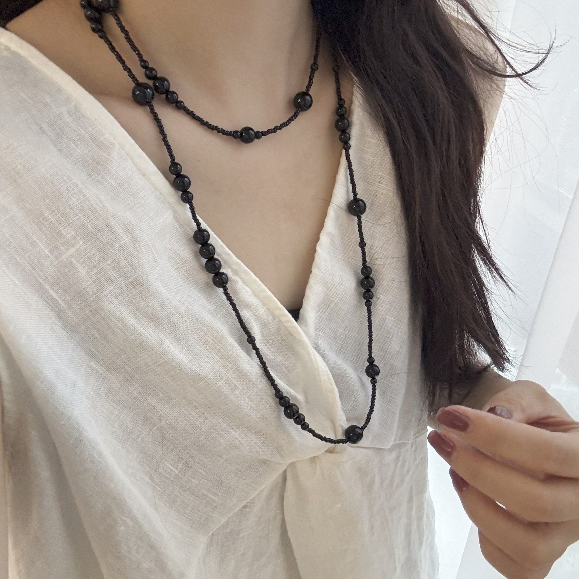 轻奢复古玛瑙韩版长项链S925银小众设计感时尚双层毛衣链百搭串珠