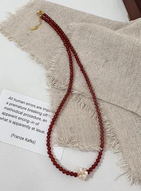新中式高级感天然珍珠项链S925银国风简约红玛瑙叠戴串珠显白颈链