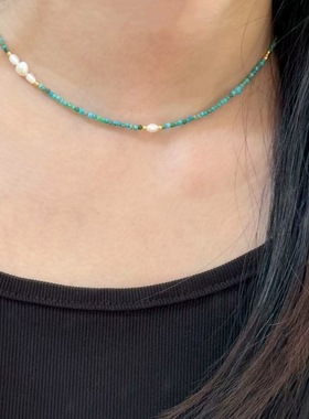 叠戴天然珍珠绿色石项链新中式