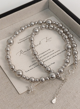 灰色法式S925银吊坠仿珍珠项链