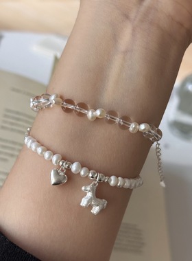 925银小马拉丝手串水晶珍珠手链