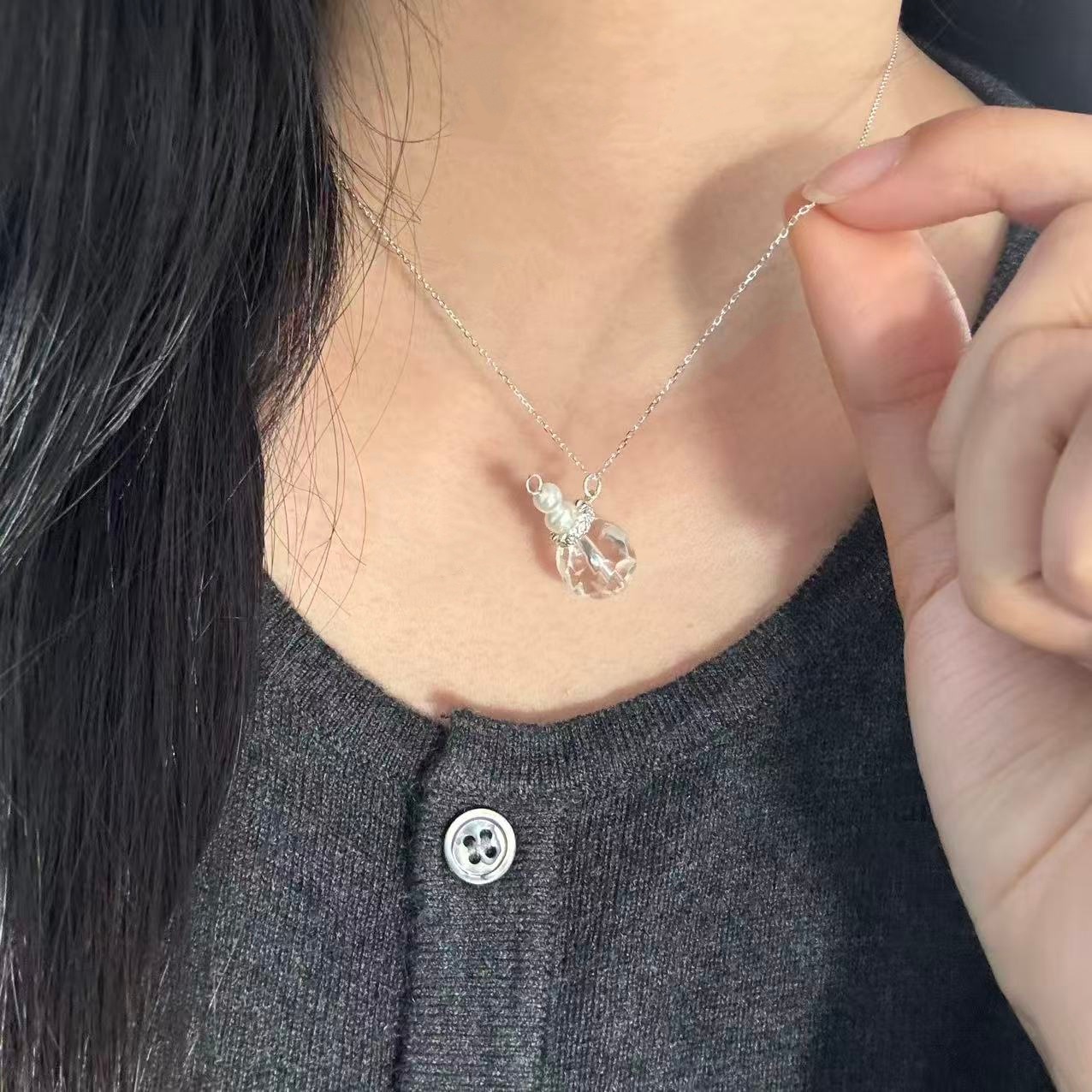 许愿瓶水晶吊坠纯银项链镶钻素链