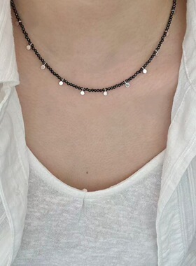纯银流苏黑色项链锆石锁骨链叠戴