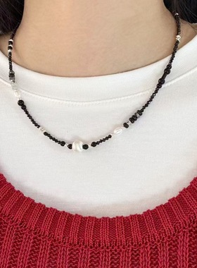 复古拉丝球黑色项链S925银串珠