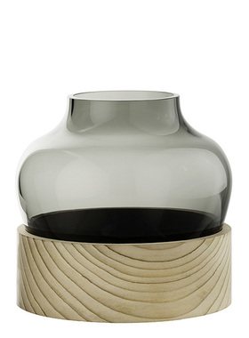 丹麦Fritz Hansen 烟色玻璃花瓶木制底座 创意设计进口