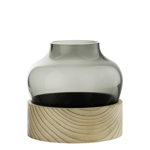 丹麦Fritz Hansen 烟色玻璃花瓶木制底座 创意设计进口