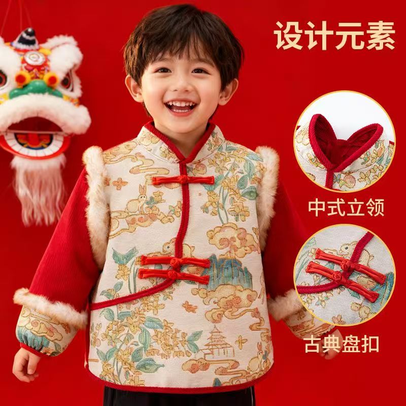 国风罩衣宝宝新年拜年服儿童春节大红围裙男女孩秋冬吃饭唐装围兜