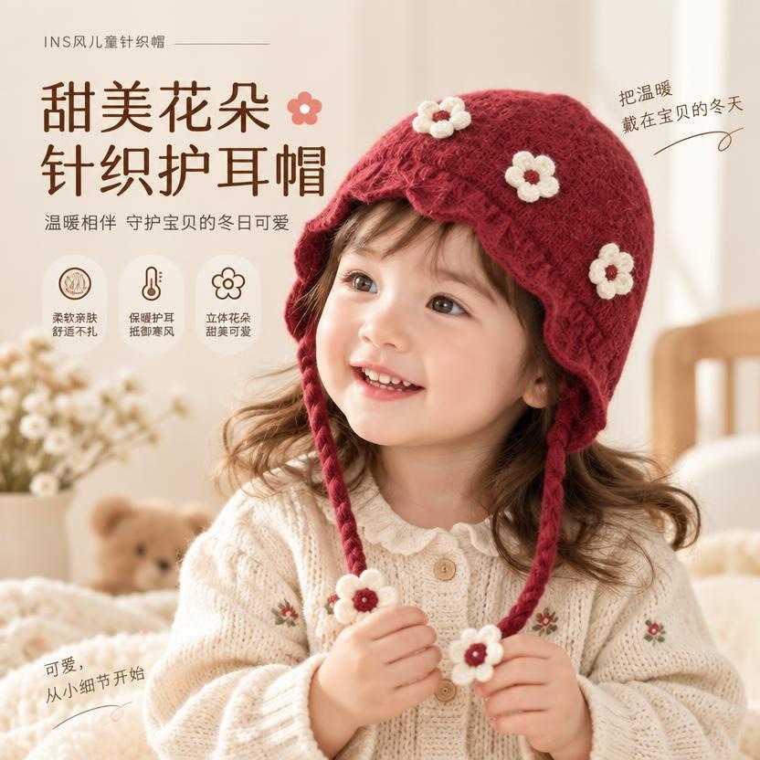 宝宝帽子冬天毛线帽可爱韩版甜美花朵针织护耳帽婴幼儿加厚保暖帽