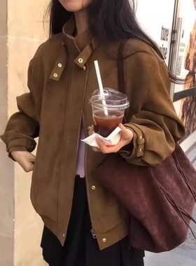 源头工厂！韩国东大门OBJET2025秋新款麂皮复古老钱风夹克短外套