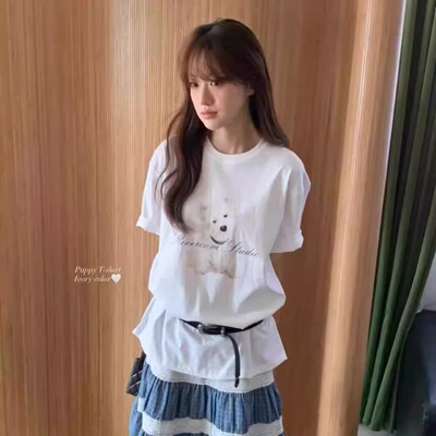 字母小狗印花短袖T恤女宽松上衣