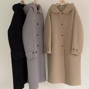 双面羊毛连帽单排扣大衣毛呢外套长款 天花板 EGG韩国2025冬新款
