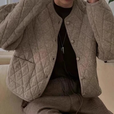 东大门秋冬菱格外套女薄棉服上衣