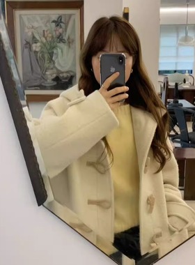 天花板！OUNCE韩国25冬季新款韩系牛角扣连帽大衣女保暖毛呢外套