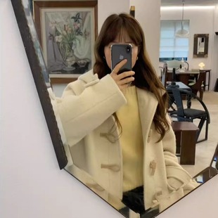 韩系牛角扣连帽大衣女保暖毛呢外套 新款 天花板 OUNCE韩国25冬季