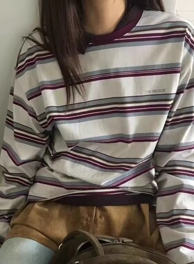 代工厂！韩国东大门breathe2025秋季圆领条纹T恤女宽松慵懒风上衣