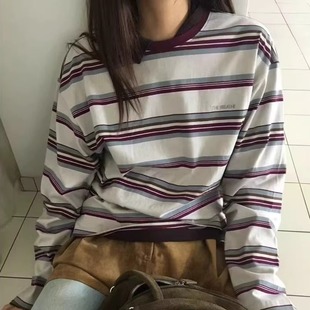 代工厂!韩国东大门breathe2025秋季圆领条纹T恤女宽松慵懒风上衣