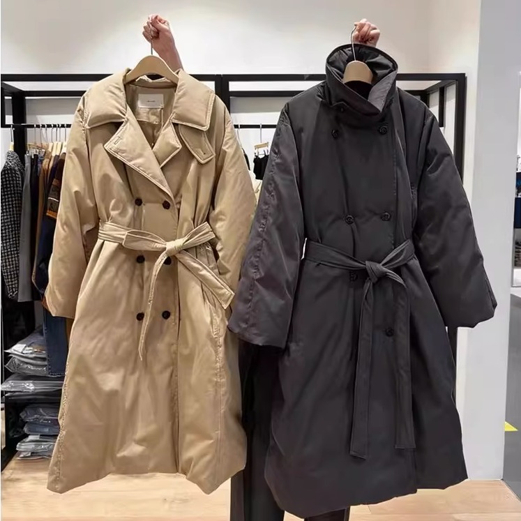 韩国鹅绒羽绒服女双排扣外套长款