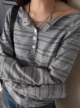 代购品相！韩国atmosphere2025秋季撞色条纹亨利领长袖T恤女上衣
