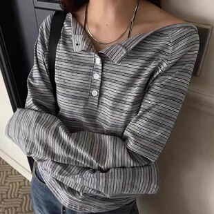 代购品相！韩国atmosphere2025秋季撞色条纹亨利领长袖T恤女上衣