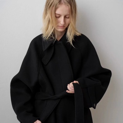 冬季纯色百搭绑带立领大衣外套