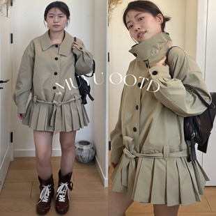 代工厂！韩国2025秋冬款立领百褶设计感纯色廓形风衣外套女小个子