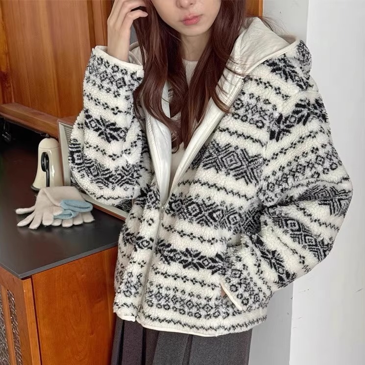 复古费尔岛提花夹克女羊羔毛外套