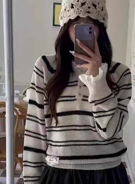 天花板！arancia韩国2025秋季蕾丝条纹系扣领针织衫女设计感毛衣