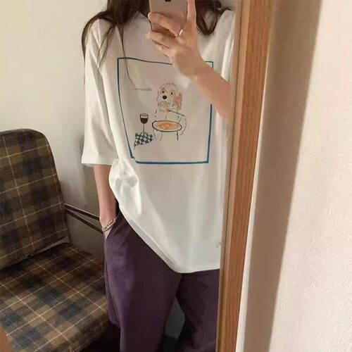 休闲可爱小狗印花短袖T恤女上衣