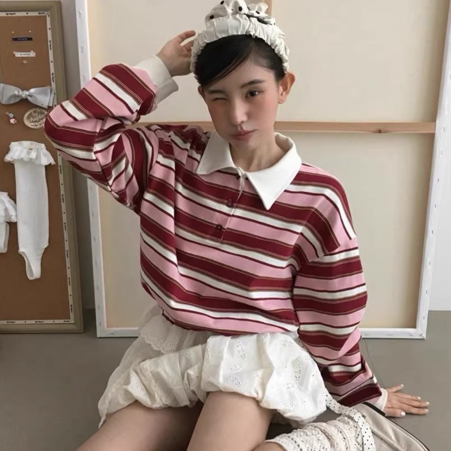 秋季花边条纹Polo领长袖T恤上衣