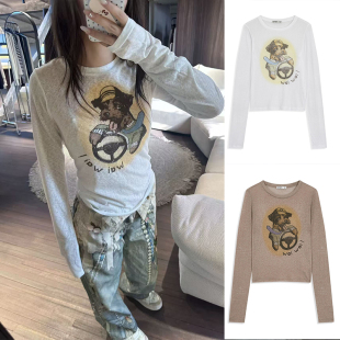 open 显瘦长袖 可爱卡通小狗印花圆领修身 T恤 25新款 专柜品质