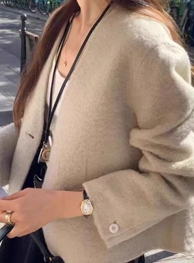 源头工厂！OUNCE韩国东大门25秋冬简约V领短款毛呢外套女羊绒大衣