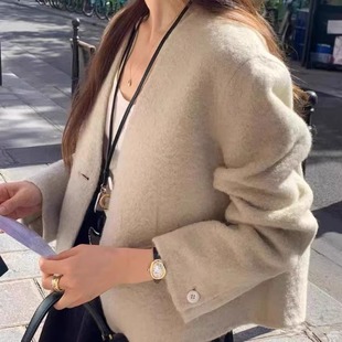 源头工厂 毛呢外套女羊绒大衣 OUNCE韩国东大门25秋冬简约V领短款