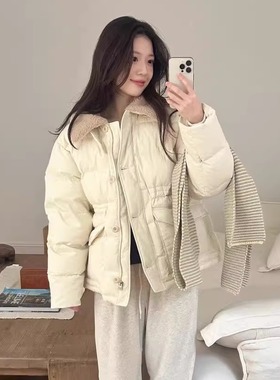天花板！ERUME韩国2025冬季新款百搭翻领羊羔毛领收腰羽绒服外套