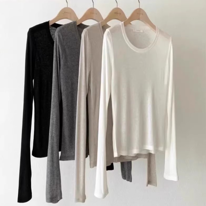 秋季新款百搭圆领纯色长袖T恤