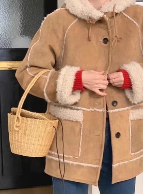 高品质！breathe韩国2025冬季皮毛一体羊羔毛氛围感穿搭毛呢外套