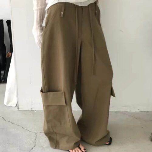 复古工装风抽绳长裤女阔腿休闲裤