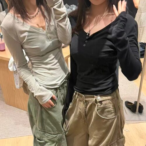 拼接半开领长袖T恤修身显瘦上衣