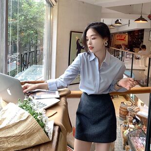 长袖 上衣女秋季 衬衣职业衬衫 女薄款 白色打底 蓝色法式 面试正装 衬衫