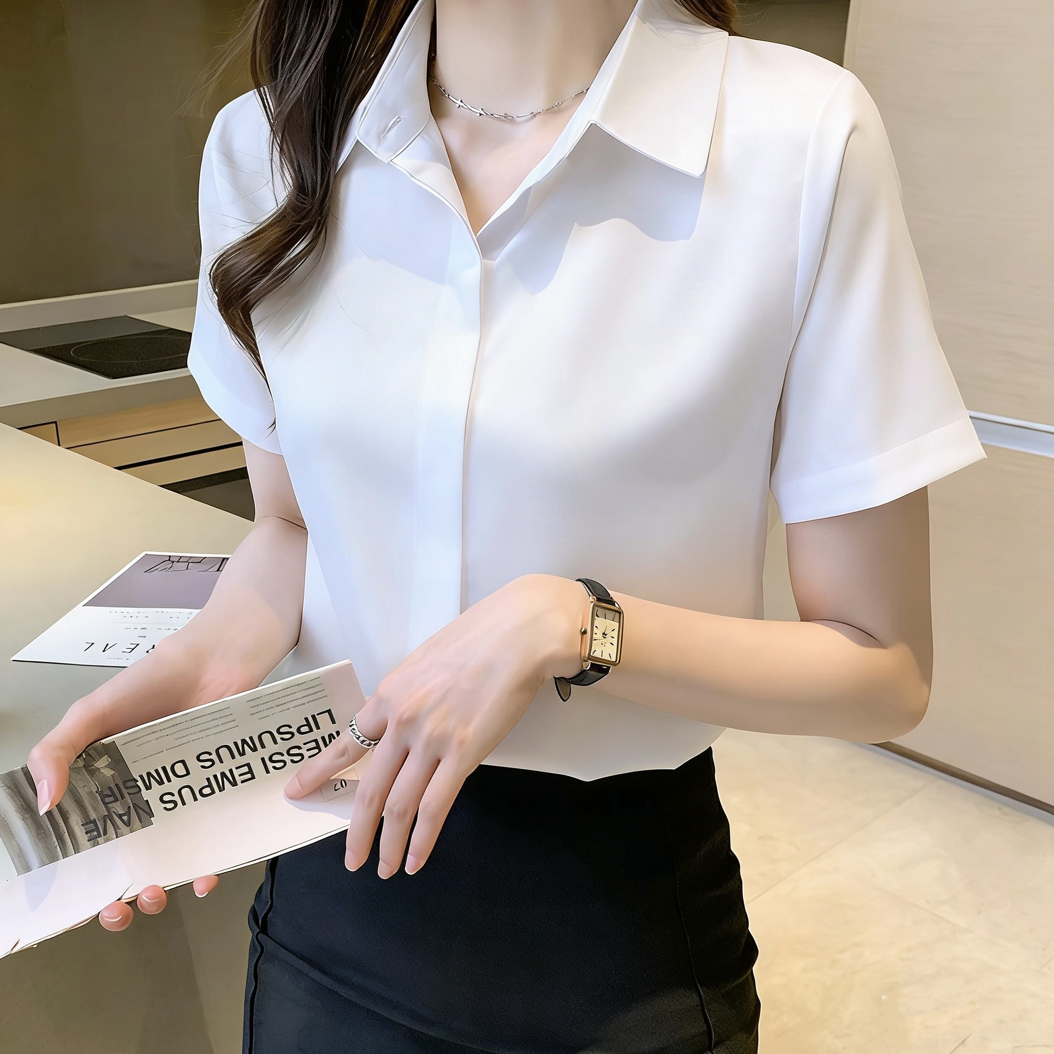 雪纺衬衫女短袖高级感2026夏季新款职业工作服黑色衬衣面试上衣