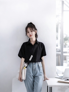 职业黑色衬衫女短袖薄款2026夏季工装衬衣酒店前台接待工作服女装