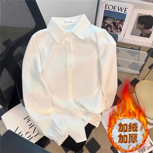 新款秋冬加绒白衬衫女JK长袖韩版修身工装加厚保暖衬衣学生职业装