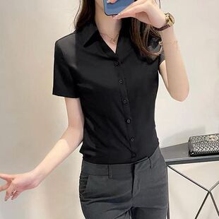 职业黑色衬衫女短袖薄款2025春秋工装衬衣酒店前台接待工作服女装