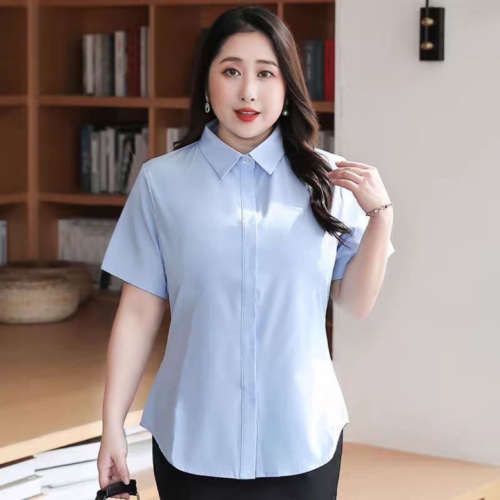 大码胖mm蓝衬衣女夏季短袖职业工装工作服薄衬衫白色200斤ol衬衫
