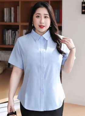 大码胖mm蓝衬衣女夏季短袖职业工装工作服薄衬衫白色200斤ol衬衫