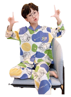 儿童睡衣春秋季新款透气男童长袖家居服两三五六九岁半空调服套装