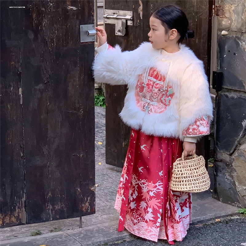 宝宝唐装中国风汉服女童过年拜年服儿童小童冬季裙子红色喜庆套装