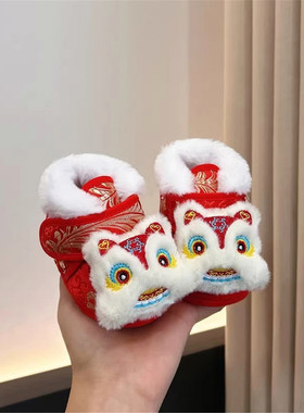 2026新年宝宝虎头鞋加绒加厚婴儿棉鞋地板袜防滑保暖红色学步鞋袜